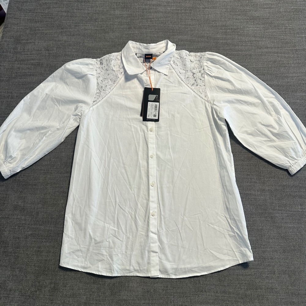 BOSS Hugo Boss Lace Trim Puff Sleeve Blouse Women Small White NWT Flawed Cotton